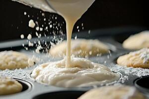 A cupcake being poured with icing photo