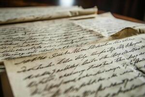 Old letters on a table with a pen and paper photo