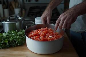 A man is preparing tomatoes in a pot on a table photo