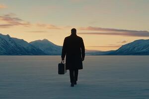 A man in a coat and hat walking across a snowy field photo