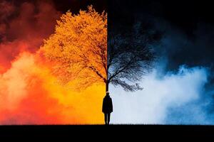 The man standing in front of a tree with smoke coming out of it photo