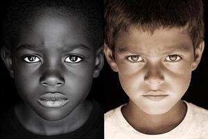 Two black and white photos of two young boys