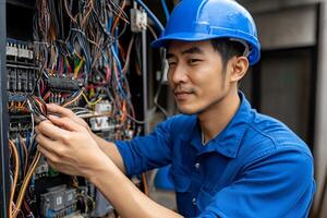 A man in a blue shirt and hard hat working on a computer photo