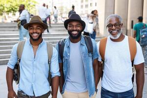 Three men smiling and standing on a street photo