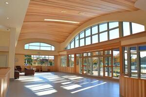 A large room with lots of windows and a wooden ceiling photo