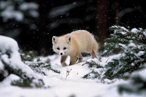 A fox is walking through the snow photo