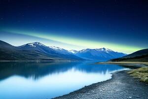 The aurora bore lights up the sky over a lake photo