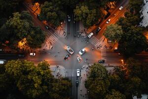 An aerial view of a busy intersection at night photo