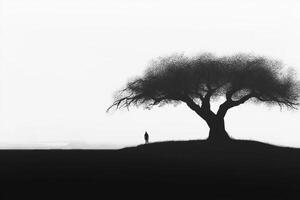 A lone person stands under a tree in the middle of a field photo