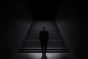 A man standing on a dark stairway in a dark room photo