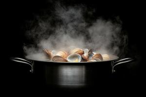Clams in a pot on a black background photo