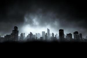 Dark cityscape with skyscrapers and dark clouds photo