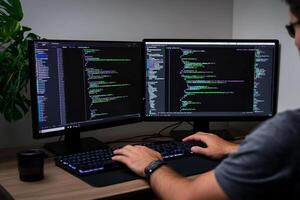 A man is working on a computer with two monitors photo