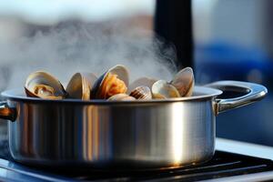 A pot of clams steaming on a stove photo