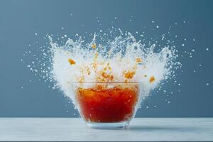 A glass of tomato sauce being splashed with water photo