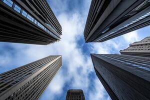 A view of tall buildings looking up at the sky photo