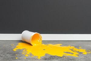 A bucket of paint is spilled on the floor photo