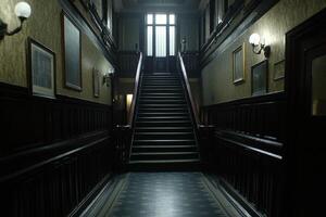 A dark hallway with a staircase and a light at the top photo