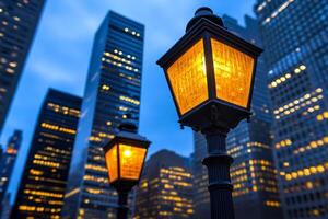 A street lamp in front of a city building photo