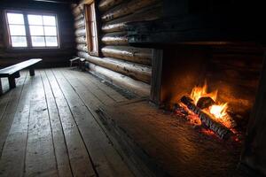 A log cabin with a fireplace and a bench in it photo
