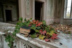A book and leaves sit on a ledge in an old building photo