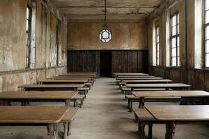 A classroom with wooden desks and a window photo