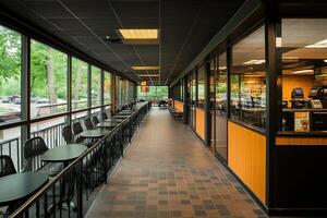 A long hallway with tables and chairs photo