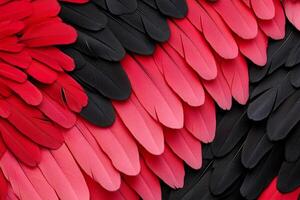 A close up of a red and black bird's feathers photo
