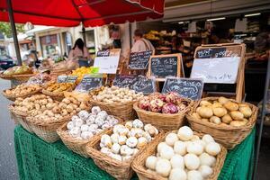 A market with baskets of vegetables and other items photo