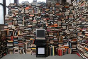 A large pile of books with a computer sitting on top photo