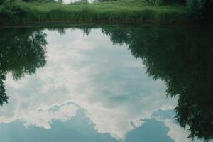 A lake with trees and clouds reflected in it photo