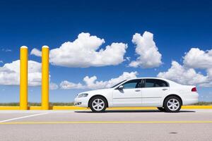 A white car is parked in front of yellow poles photo