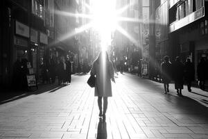 A woman walking down a street with the sun shining through the window photo