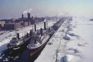Several ships are parked in the snow near a factory photo