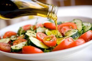A bowl of salad with tomatoes, cucumbers, and olive oil photo