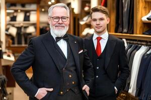 Two men in suits standing in front of a rack of suits photo