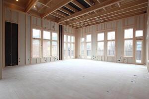 A large room with lots of windows and wood framing photo