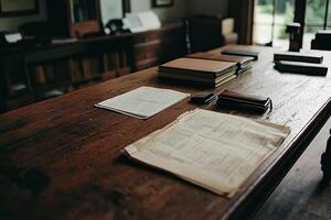 An old desk with papers and books on it photo