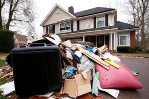 A pile of garbage in front of a house photo