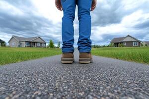 A person standing on the road in front of a house photo