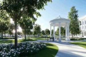 A gazebo in a park with trees and flowers photo