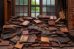 A pile of old wood sitting in front of a window photo