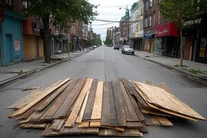 A pile of wood on the side of a street photo