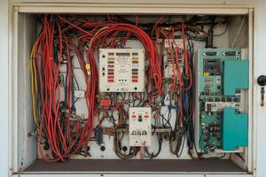 A large electrical panel with many wires inside photo