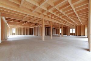 A large room with wooden beams and white walls photo