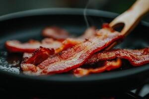 Bacon cooking on a pan photo
