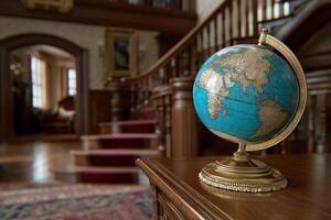 A globe on a table in front of a staircase photo