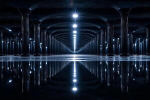 A long tunnel with pillars and lights photo