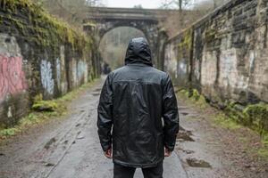 A man in a black rain jacket standing in an alleyway photo