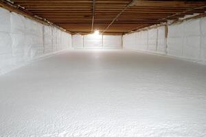 A large room with white insulation and a light shining through photo